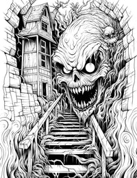 A detailed, surreal horror coloring page from a low-angle perspective, showing a giant monster skull blocking the top of a creepy basement staircase that leads up to a haunted house.