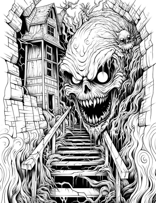 A detailed, surreal horror coloring page from a low-angle perspective, showing a giant monster skull blocking the top of a creepy basement staircase that leads up to a haunted house.