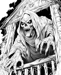 A detailed horror coloring page of a skeletal, hooded ghoul with glowing eyes and long, sharp claws, climbing menacingly out of a broken attic window in a haunted house.