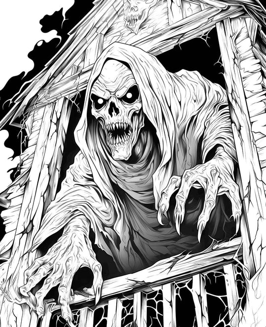 A detailed horror coloring page of a skeletal, hooded ghoul with glowing eyes and long, sharp claws, climbing menacingly out of a broken attic window in a haunted house.