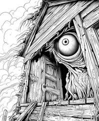 A detailed horror coloring page of a creepy, dilapidated wooden shack with a giant, single monster eyeball peering out from a hole in the roof, against a cloudy sky.