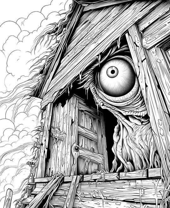 A detailed horror coloring page of a creepy, dilapidated wooden shack with a giant, single monster eyeball peering out from a hole in the roof, against a cloudy sky.