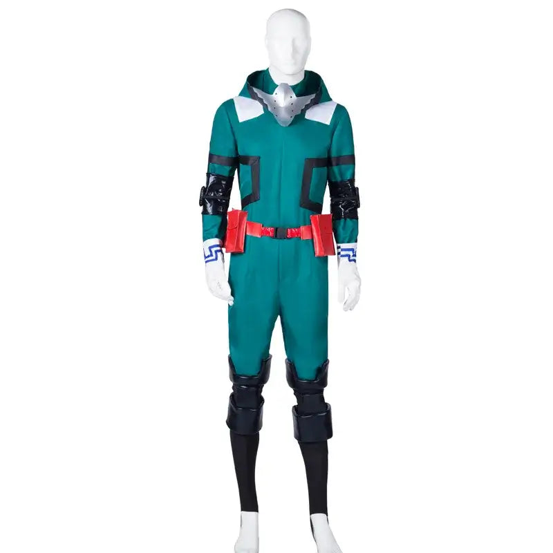 A complete unisex Anime My Hero Academia Midoriya Izuku Deku Battle Cosplay Costume set, with the green Halloween wig hair.