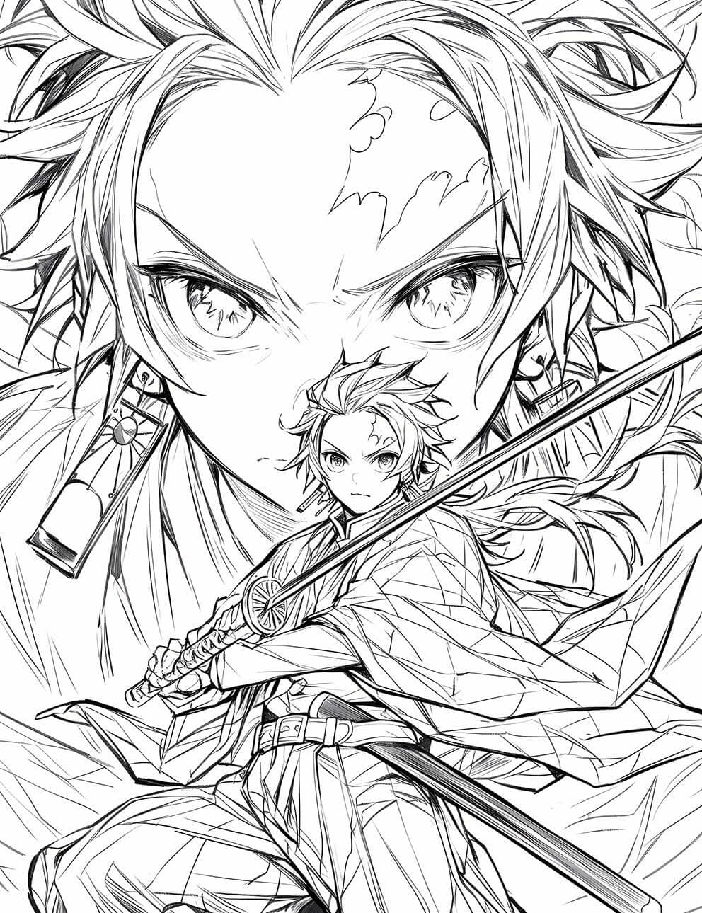 Heartwarming Sibling Adventure Coloring Page – Inspired by 'Demon Slayer'