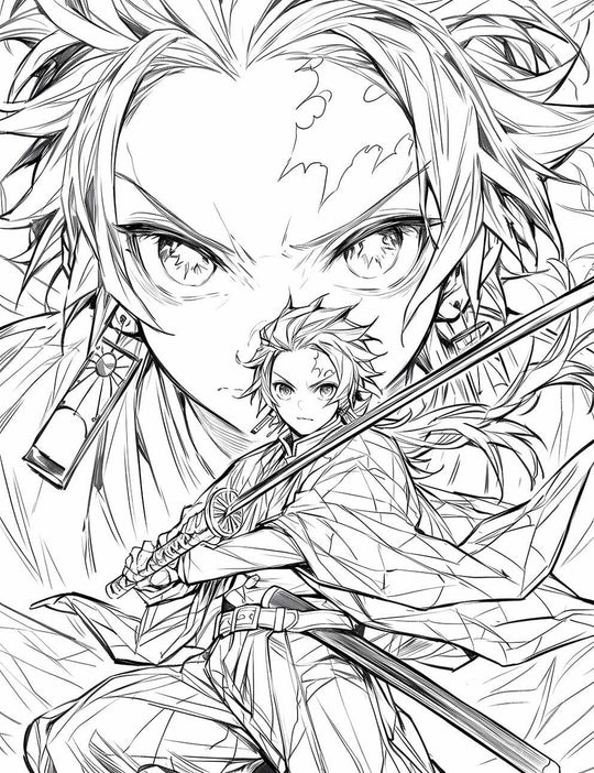 Heartwarming Sibling Adventure Coloring Page – Inspired by 'Demon Slayer'