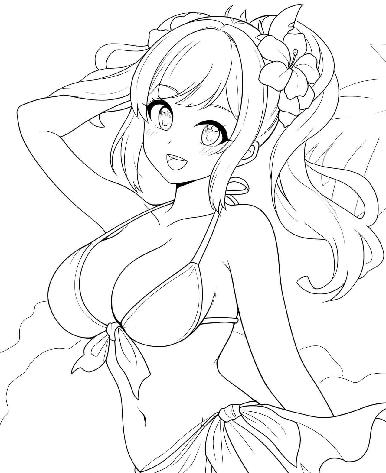 Hibiscus Hues Anime Beach Girl Coloring Page - Infinite Visibility