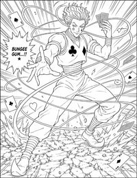 Hisoka Hunter x Hunter Coloring Page Bungee Gum printable PDF high resolution line art card magician flame hair star teardrop marks playing cards elastic Nen threads suits