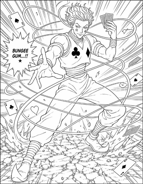 Hisoka Hunter x Hunter Coloring Page Bungee Gum printable PDF high resolution line art card magician flame hair star teardrop marks playing cards elastic Nen threads suits