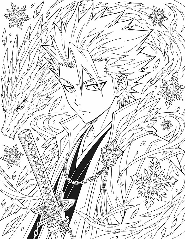 Hitsugaya Bleach Coloring Page Frost Captain printable PDF high resolution line art Squad 10 captain close-up raised star-guard blade snowflake pendant ice dragon frost