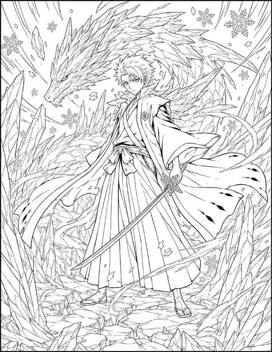 Hitsugaya Bleach Coloring Page Ice Dragon printable PDF high resolution line art Soul Reaper captain with Hyorinmaru ice dragon snowflakes crystals sword