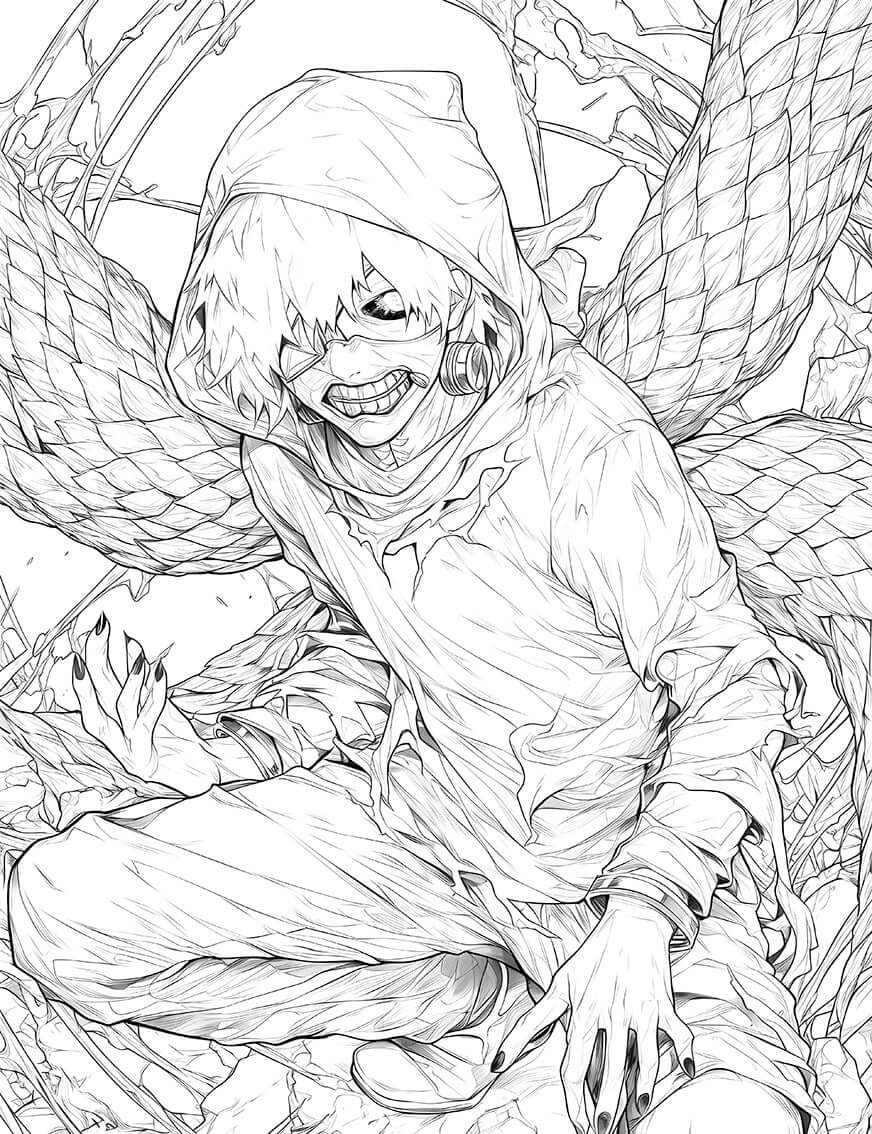 Hooded Kaneki from Tokyo Ghoul with scaled Kagune, detailed black and white coloring page for artistic creativity.