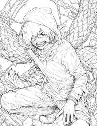 Hooded Kaneki from Tokyo Ghoul with scaled Kagune, detailed black and white coloring page for artistic creativity.