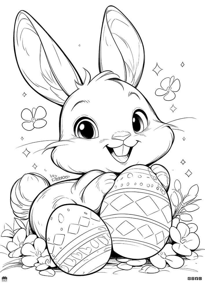 Egg Squad Ready — joyful cartoon bunny with decorated Easter eggs and flowers, perfect for a coloring page.