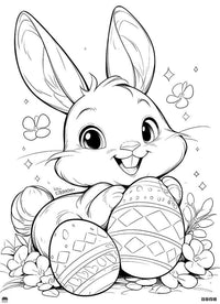 Egg Squad Ready — joyful cartoon bunny with decorated Easter eggs and flowers, perfect for a coloring page.
