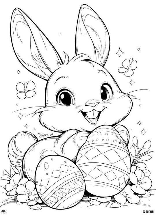 Egg Squad Ready — joyful cartoon bunny with decorated Easter eggs and flowers, perfect for a coloring page.