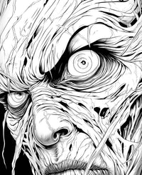 A hyper-detailed horror coloring page showing an extreme close-up of a monster's face, with intense eyes and skin wrapped in sinewy, decaying, vein-like tendrils.