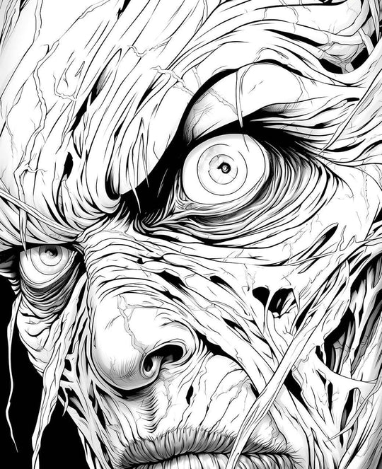 A hyper-detailed horror coloring page showing an extreme close-up of a monster's face, with intense eyes and skin wrapped in sinewy, decaying, vein-like tendrils.