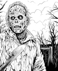 A detailed horror coloring page featuring a menacing, zombie-like slasher with a decaying face and a weapon over his shoulder, standing in a dark, creepy forest.