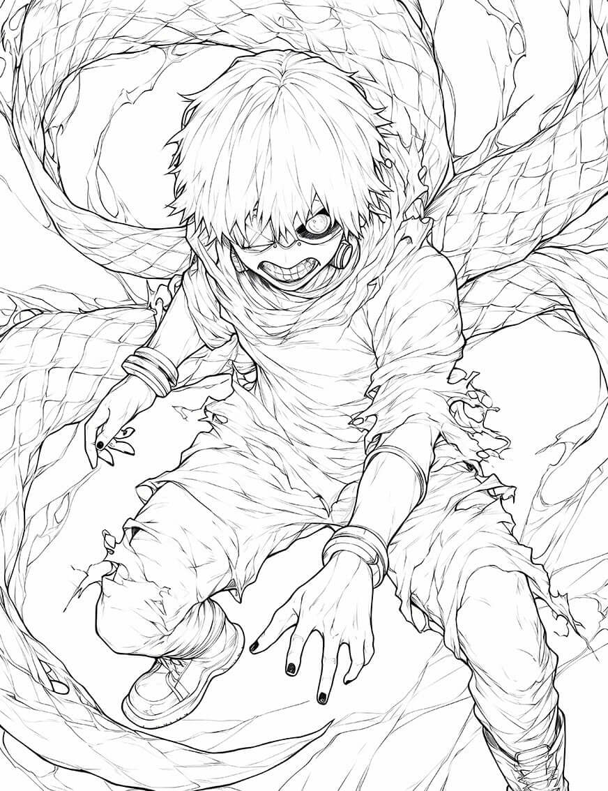 Iconic Kaneki Unleashed: Tokyo Ghoul Intense Coloring Page - Instant Download