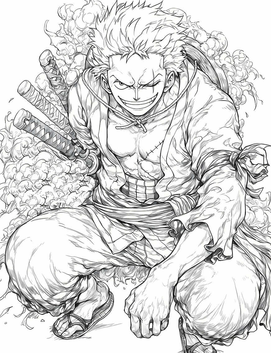 Roronoa Zoro coloring page outline featuring the iconic swordsman ready for battle with three swords.