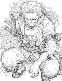 Roronoa Zoro coloring page outline featuring the iconic swordsman ready for battle with three swords.