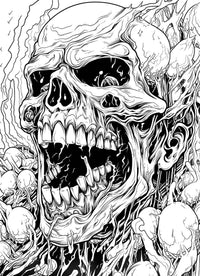 A detailed horror coloring page of a screaming skull being consumed by a grotesque, organic infection of roots and spore-like pods, in a chaotic body horror style.