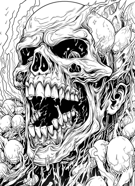 A detailed horror coloring page of a screaming skull being consumed by a grotesque, organic infection of roots and spore-like pods, in a chaotic body horror style.
