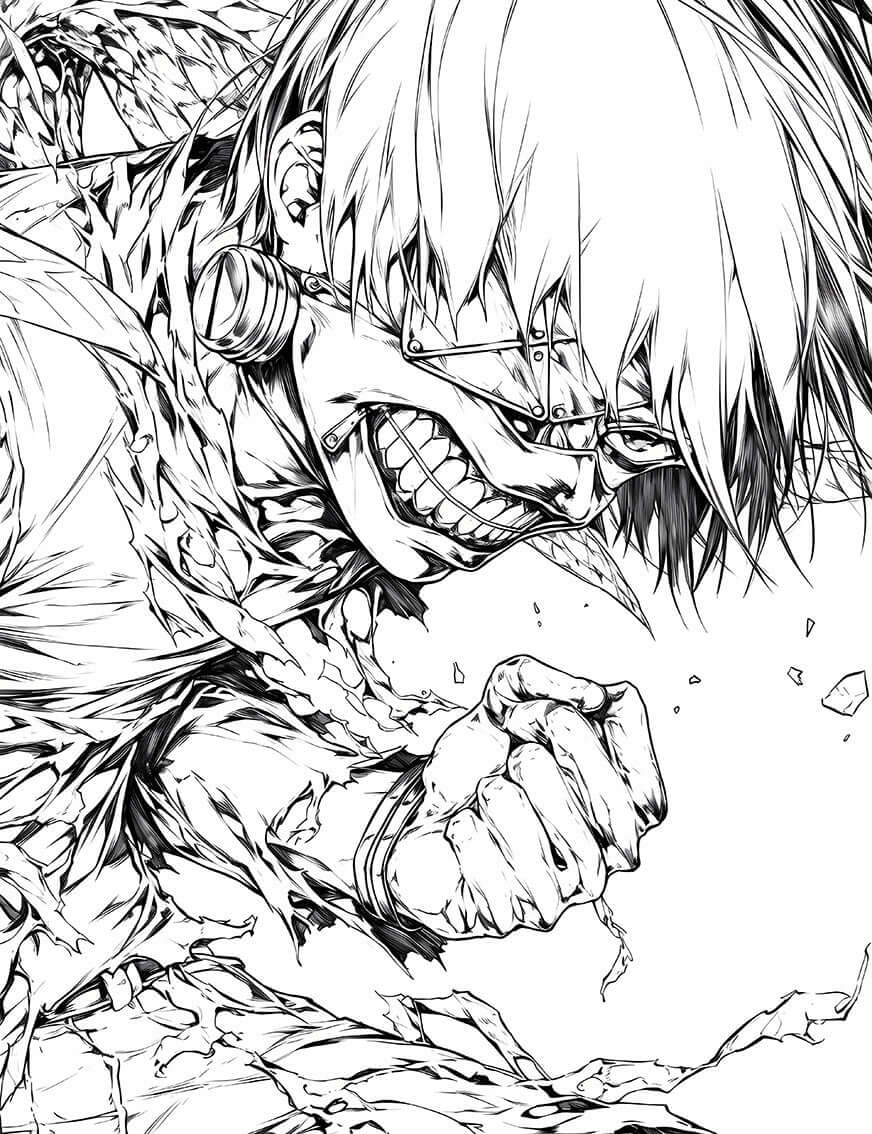 Intense Kaneki Close-Up: Tokyo Ghoul Mask & Fist Coloring Page - Instant Download