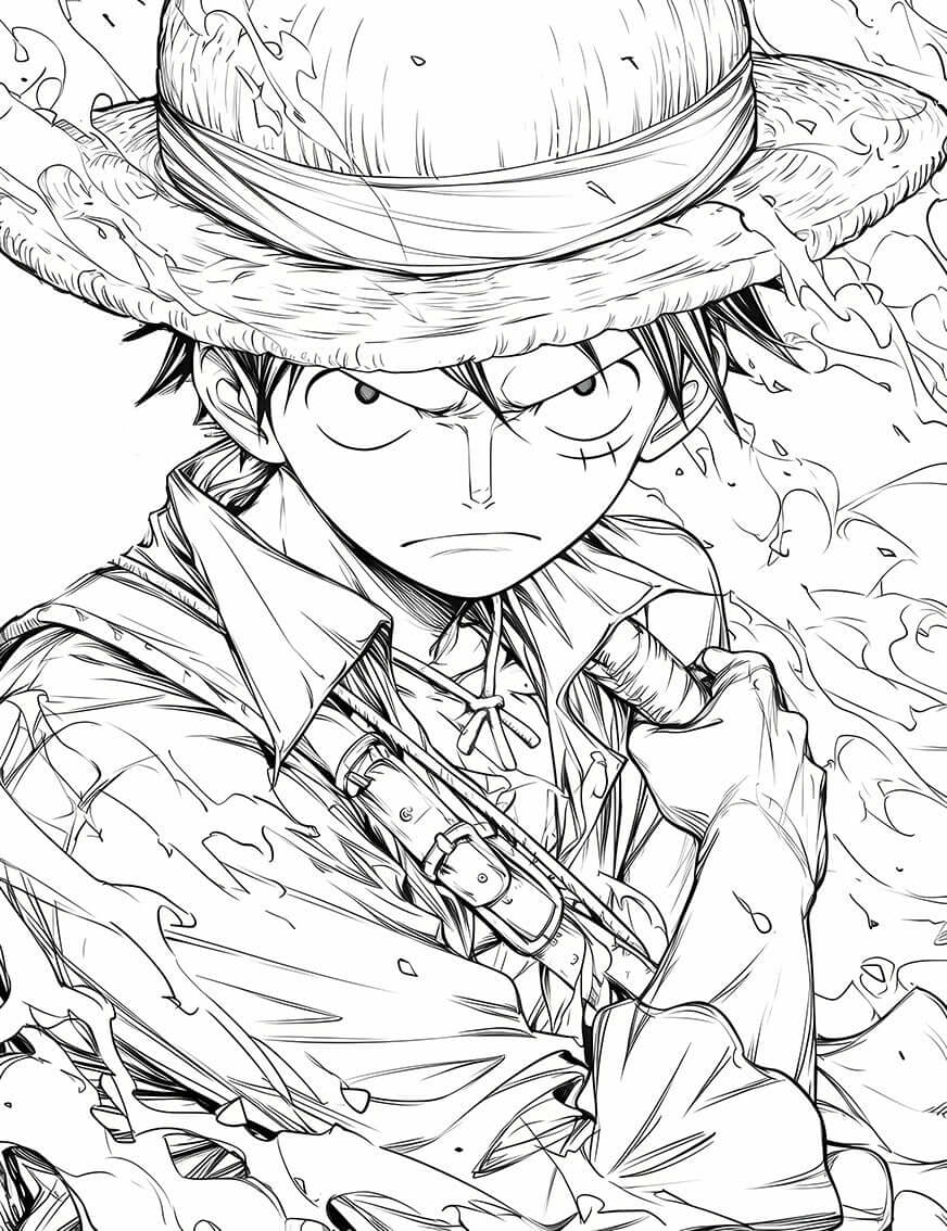 Intense close-up of Monkey D. Luffy from One Piece, featuring strong expression and detailed line art for coloring.