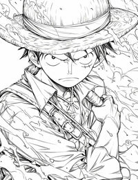 Intense close-up of Monkey D. Luffy from One Piece, featuring strong expression and detailed line art for coloring.