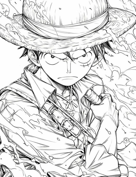 Intense close-up of Monkey D. Luffy from One Piece, featuring strong expression and detailed line art for coloring.