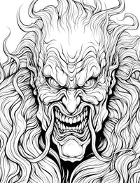 A highly detailed, intricate horror coloring page of a Japanese Oni demon mask with sharp teeth, a ferocious grin, and a wild, flowing mane of hair and mustache.