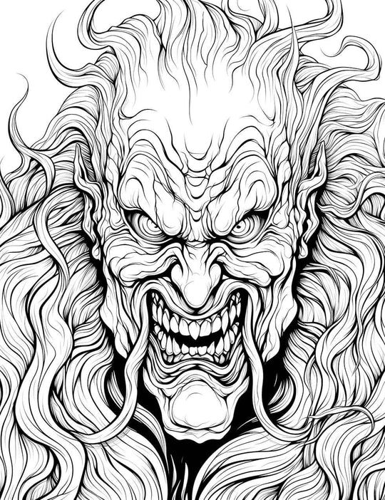 A highly detailed, intricate horror coloring page of a Japanese Oni demon mask with sharp teeth, a ferocious grin, and a wild, flowing mane of hair and mustache.