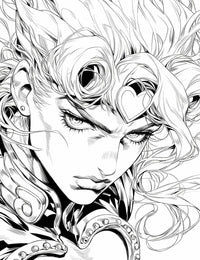 High-quality line art coloring page in the style of JoJo's Bizarre Adventure, showing a determined Giorno Giovanna-inspired character with his iconic hairstyle and heart-shaped circlet in a dramatic portrait.
