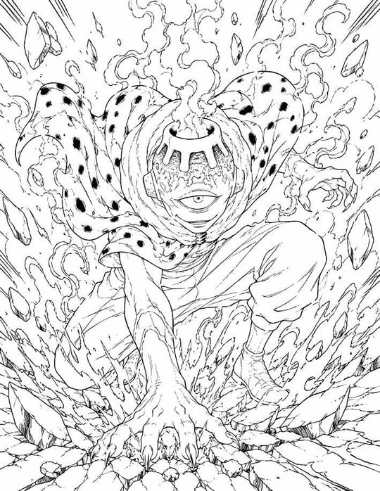 Jogo Jujutsu Kaisen Coloring Page Disaster Flames featuring a volcano-shaped head, single eye, clawed hand, smoking vents, erupting fire, and airborne rubble