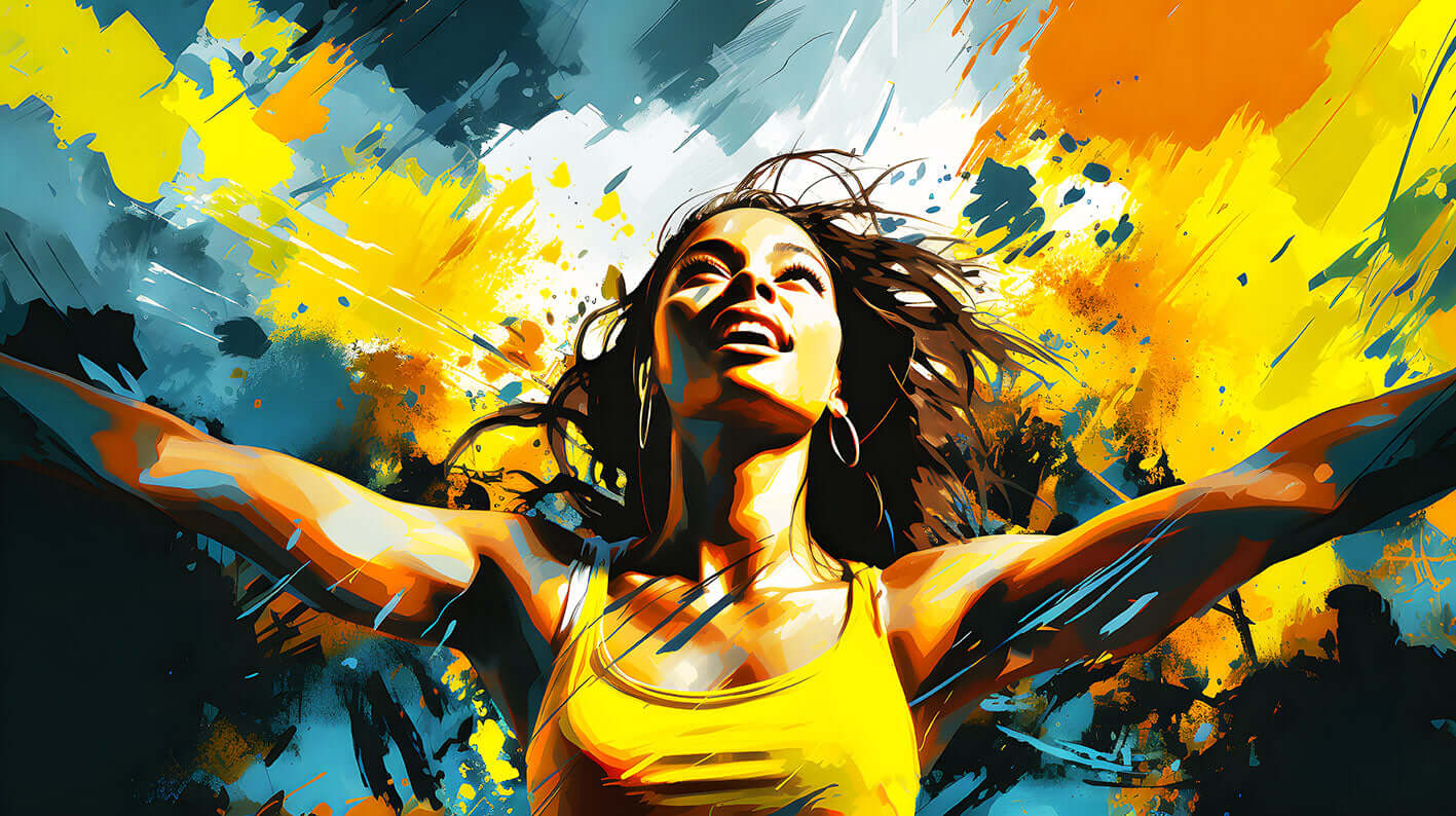 Joyful abstract art of a woman embracing the sky with vibrant colors, symbolizing freedom and happiness.