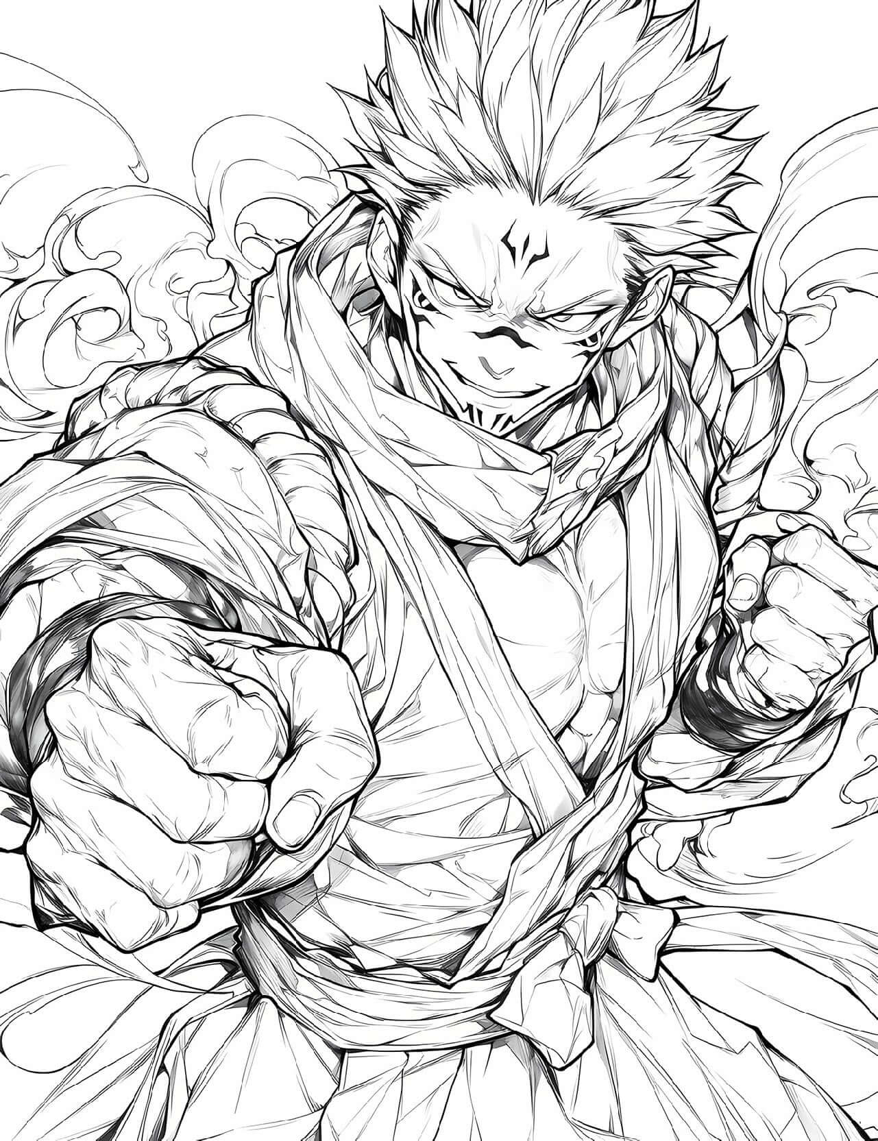 Line art of a powerful sorcerer character from Jujutsu Kaisen, ready to unleash Cursed Energy for coloring.