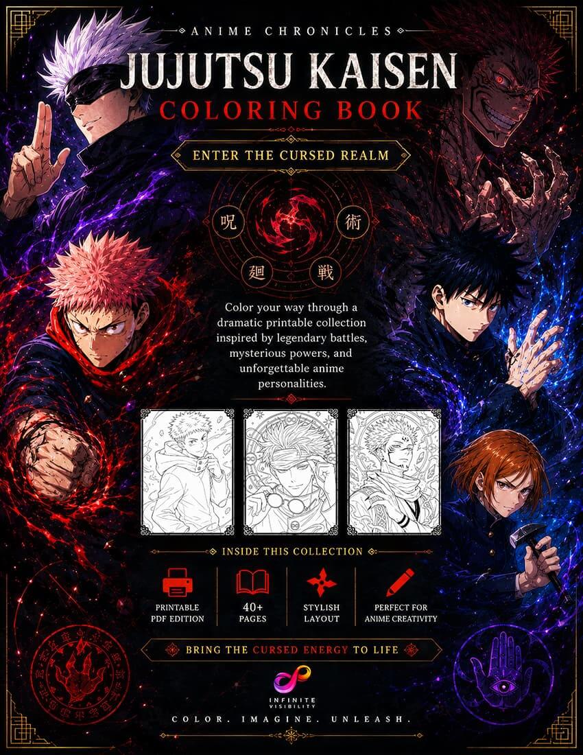 Jujutsu Kaisen Coloring Book Vol 20 featuring anime characters in vibrant colors, 44 designs for fans and creatives.