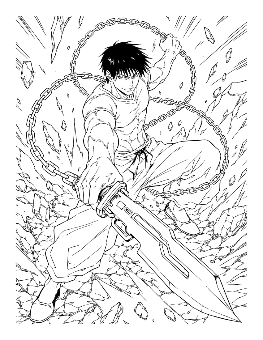 Jujutsu Kaisen Coloring Book Vol 20 image featuring a character with chains and a sword surrounded by debris.