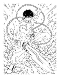 Jujutsu Kaisen Coloring Book Vol 20 image featuring a character with chains and a sword surrounded by debris.