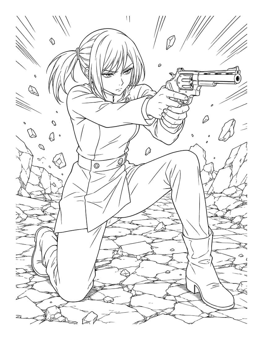 Jujutsu Kaisen Coloring Book Vol 20 featuring a character wielding a gun in a dynamic pose against a cracked background.