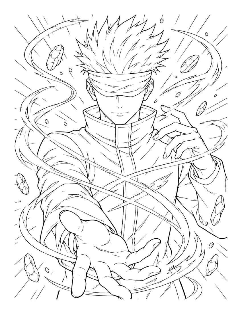 Jujutsu Kaisen Coloring Book Vol 20 image featuring a character with a blindfold using cursed energy.