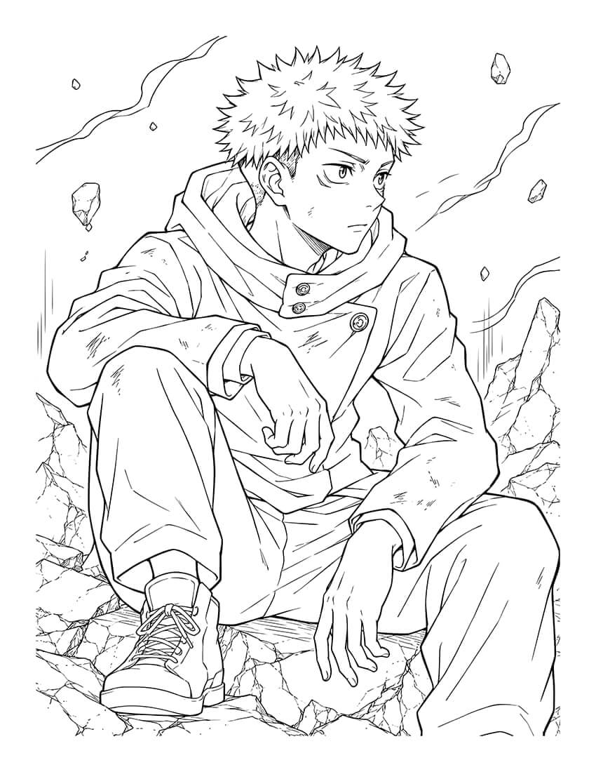 Jujutsu Kaisen Coloring Book Vol 20 illustration of a character sitting on rocky ground, ready for coloring.