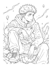 Jujutsu Kaisen Coloring Book Vol 20 illustration of a character sitting on rocky ground, ready for coloring.