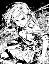 High-contrast black and white line art of Nobara Kugisaki from Jujutsu Kaisen in a powerful, forward-facing action pose with a cityscape background.