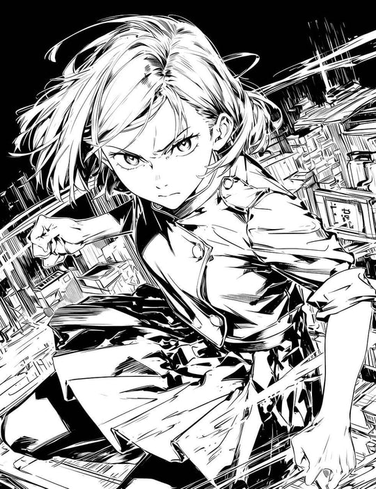 High-contrast black and white line art of Nobara Kugisaki from Jujutsu Kaisen in a powerful, forward-facing action pose with a cityscape background.
