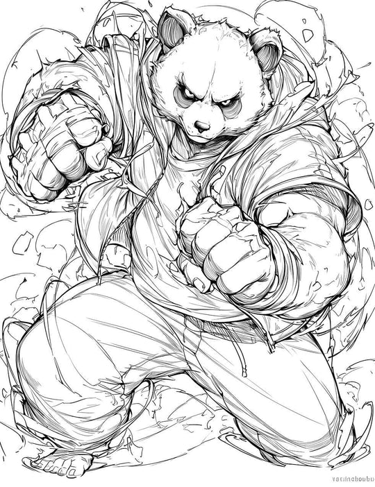 Intense black and white line art of Panda from Jujutsu Kaisen, depicted in his powerful gorilla-like form, ready for a fight.