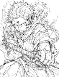 Black and white line art of Sukuna from Jujutsu Kaisen in a dynamic pose, pointing forward with a menacing expression and iconic facial tattoos.