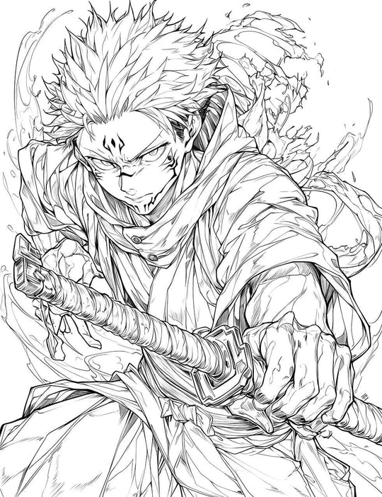 Black and white line art of Sukuna from Jujutsu Kaisen in a dynamic pose, pointing forward with a menacing expression and iconic facial tattoos.