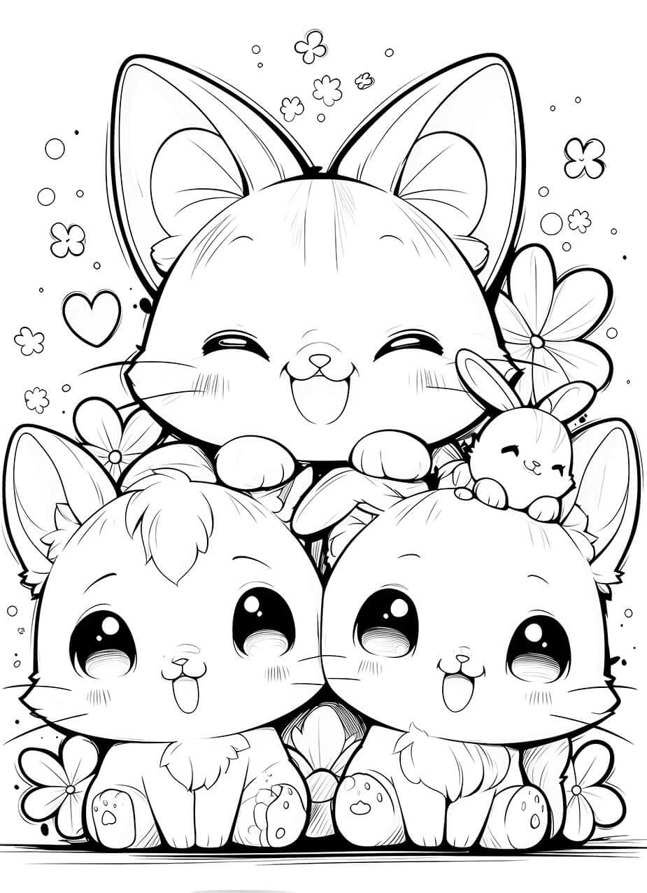 Cute kawaii cats and a bunny coloring page with large smiles and flowers, perfect for kids' creativity.